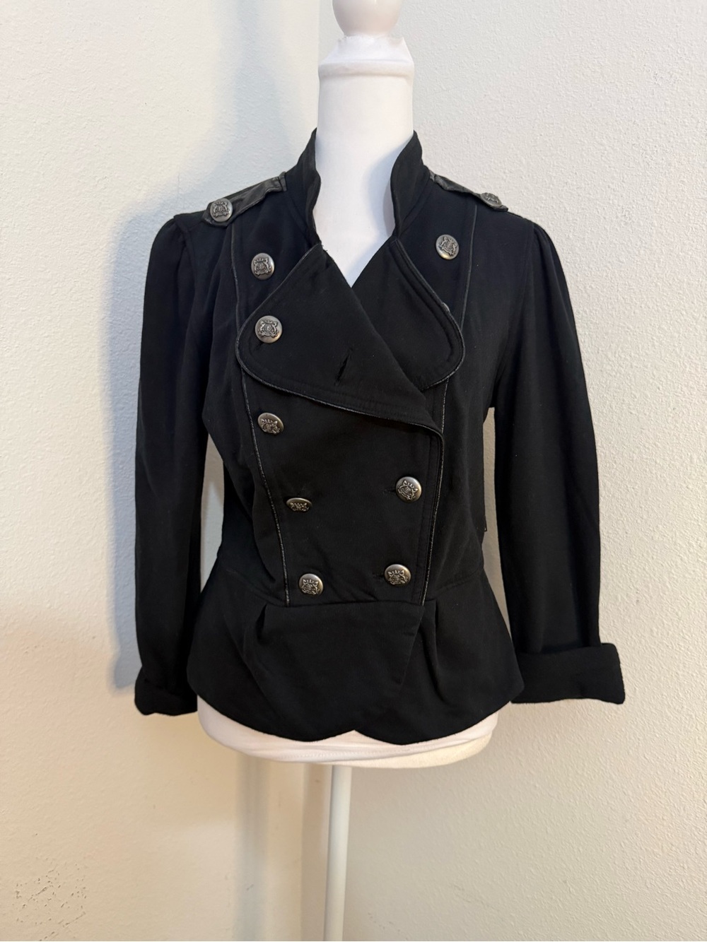 VTG Y2K LA Kitty Black Military Napoleon Jacket Faux Leather Epaulets L Large